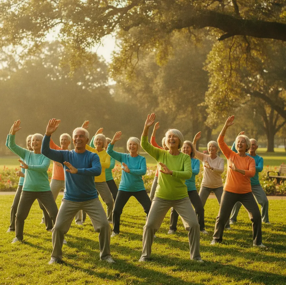 Group of retirees walking together in a Warszawa park during an organised activity session